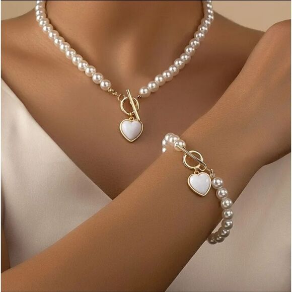 Faux Pearl Heart Toggle Necklace & Bracelet Set - Picture 1 of 3